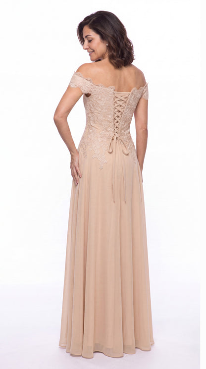 Black Off Shoulder Lace Chiffon A-Line Maxi Gown - Front View