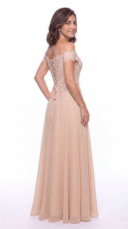 Off Shoulder Lace Chiffon A-Line Maxi Gown - Back View