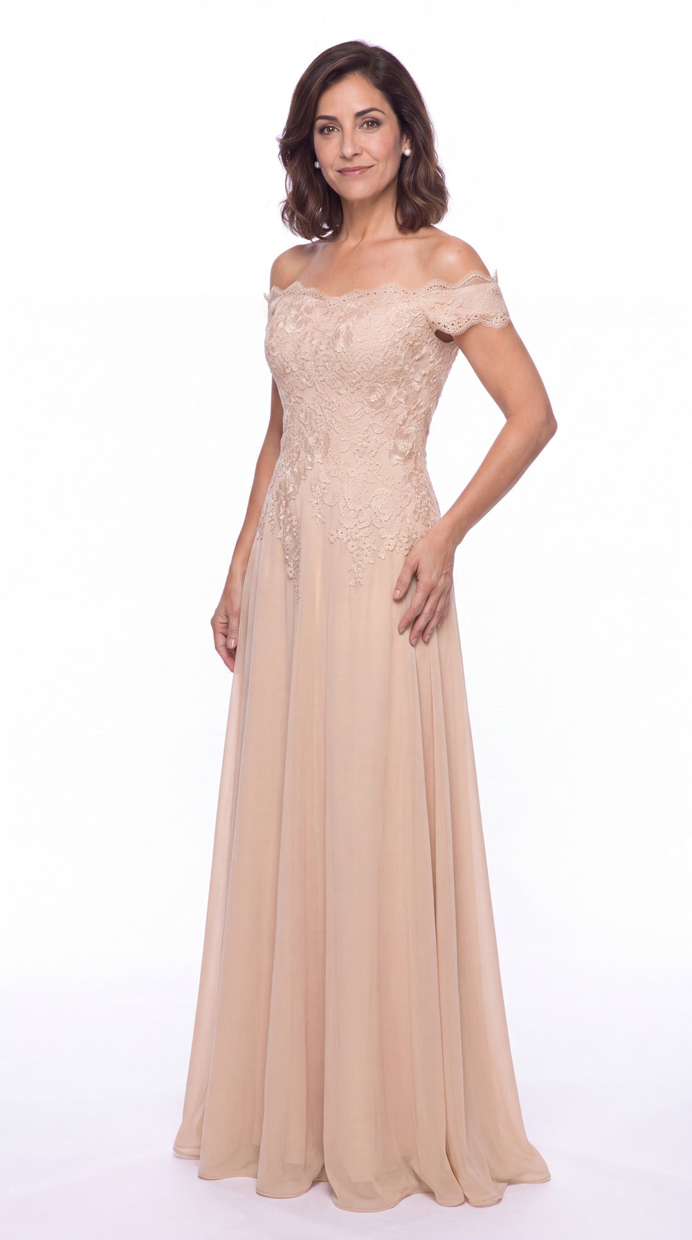 Off Shoulder Lace Chiffon A-Line Maxi Gown - Detail View 1