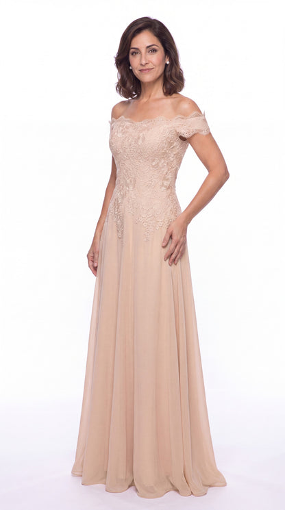 Off Shoulder Lace Chiffon A-Line Maxi Gown - Detail View 1
