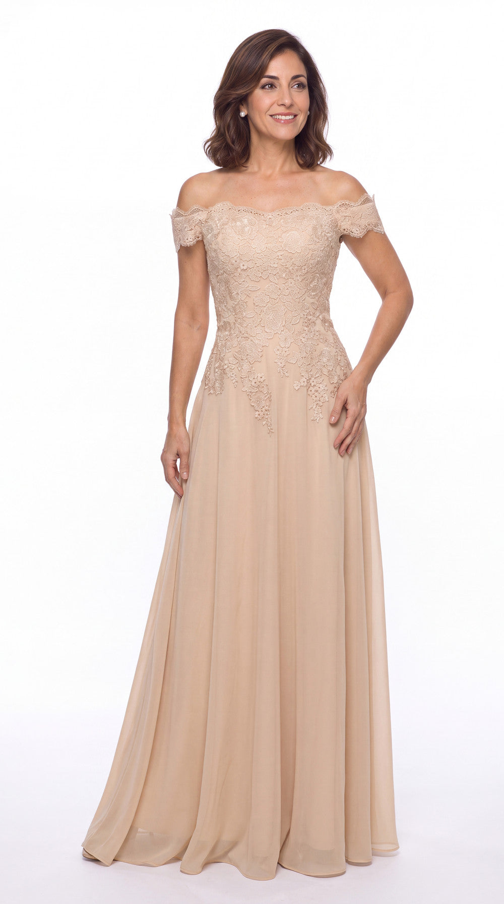 Off Shoulder Lace Chiffon A-Line Maxi Gown - Detail View 4