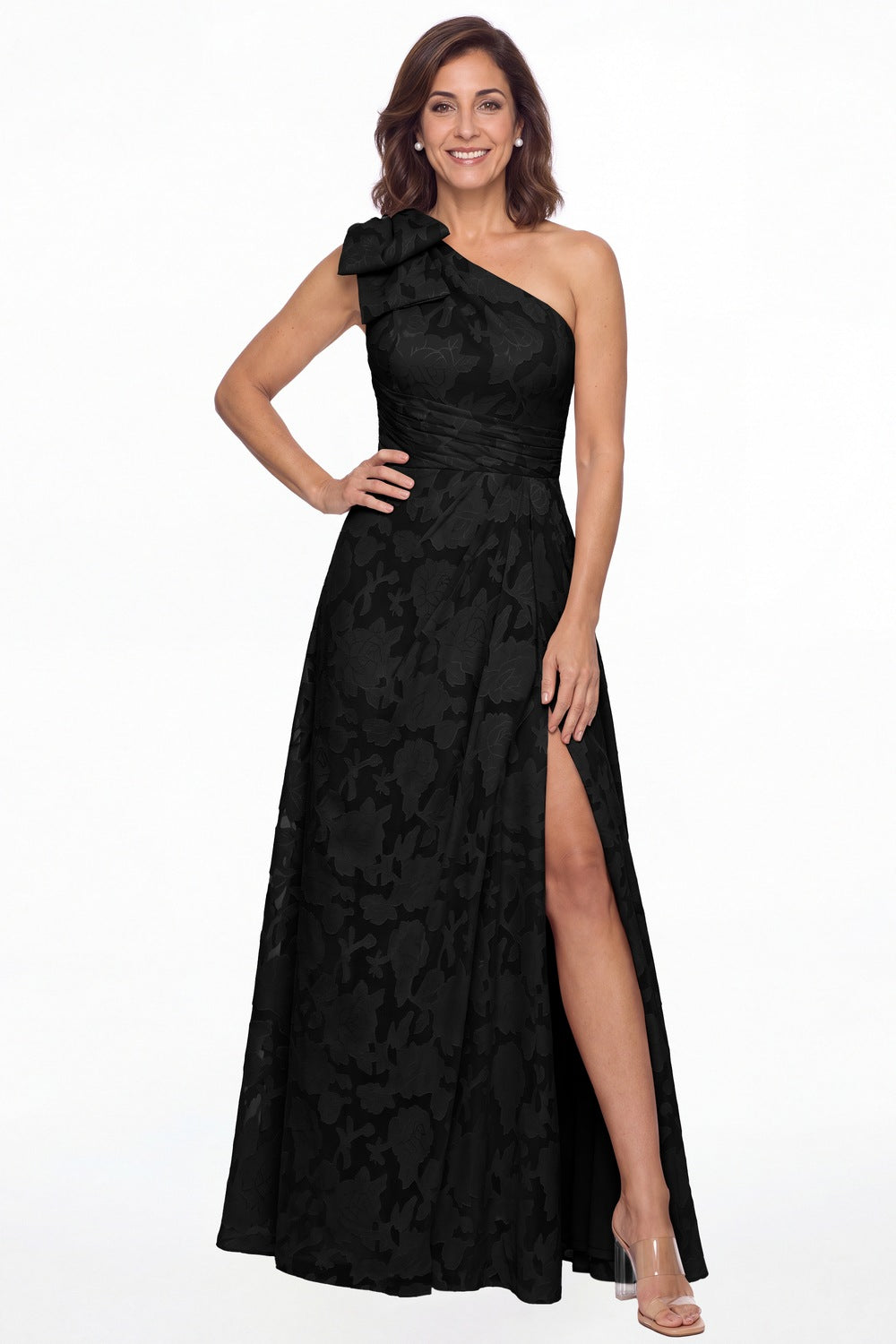 Black One Shoulder Bow Floral Burnout A-Line Maxi Gown - Front View