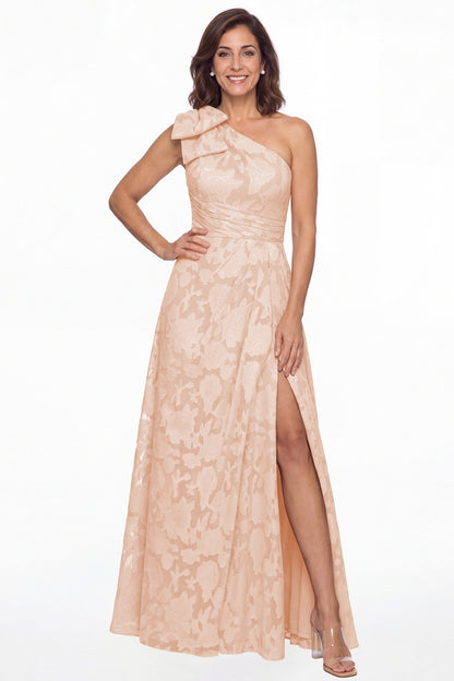 Blush Pink One Shoulder Bow Floral Burnout A-Line Maxi Gown - Front View