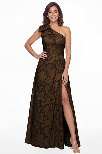 Brown One Shoulder Bow Floral Burnout A-Line Maxi Gown - Front View