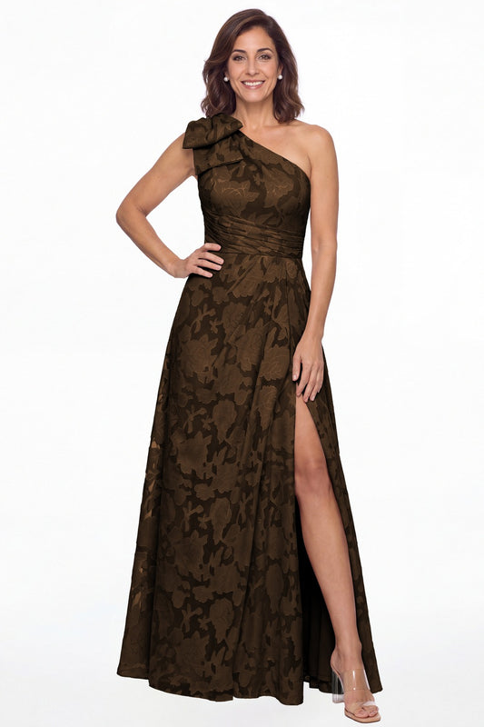 Brown One Shoulder Bow Floral Burnout A-Line Maxi Gown - Front View