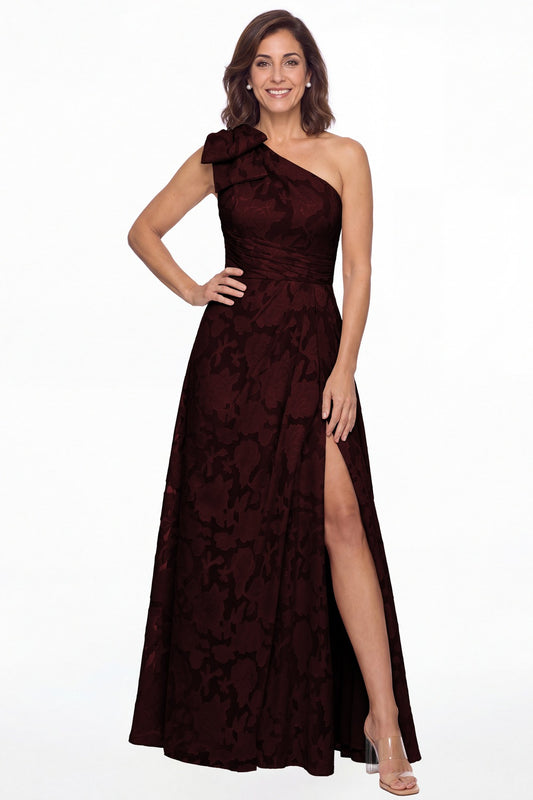 Burgundy One Shoulder Bow Floral Burnout A-Line Maxi Gown - Front View