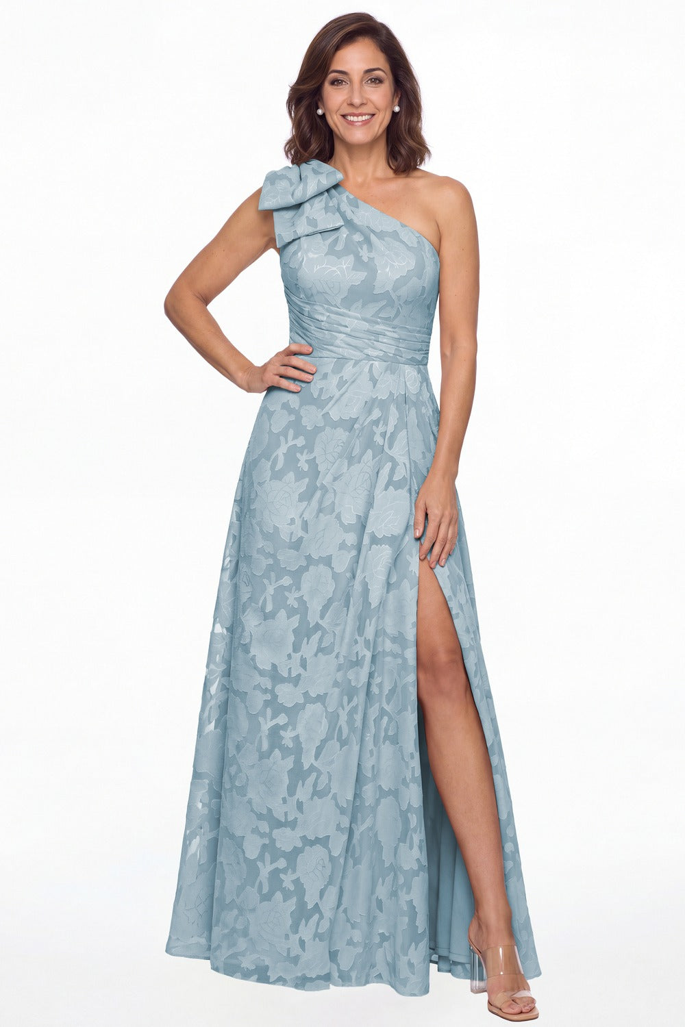 Dusty Blue One Shoulder Bow Floral Burnout A-Line Maxi Gown - Front View