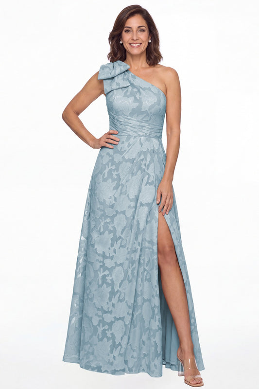 Dusty Blue One Shoulder Bow Floral Burnout A-Line Maxi Gown - Front View
