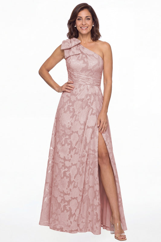Dusty Rose One Shoulder Bow Floral Burnout A-Line Maxi Gown - Front View