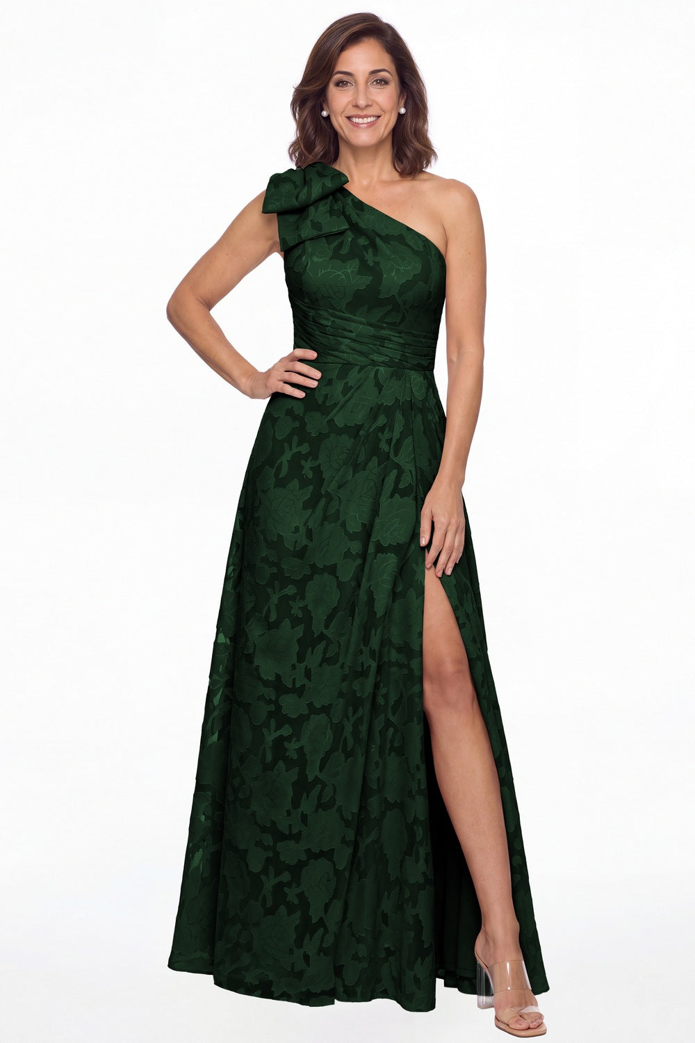 Emerald Green One Shoulder Bow Floral Burnout A-Line Maxi Gown - Front View