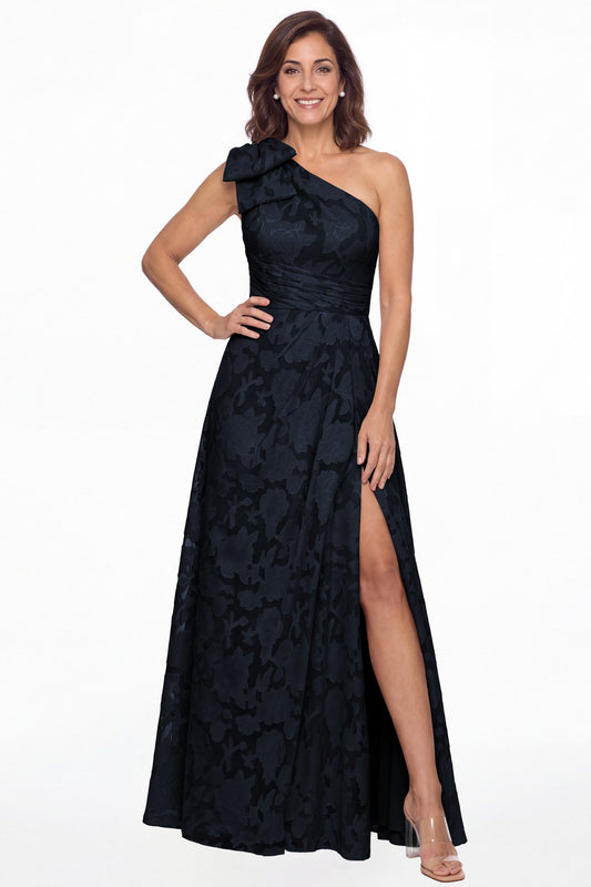 Navy Blue One Shoulder Bow Floral Burnout A-Line Maxi Gown - Front View