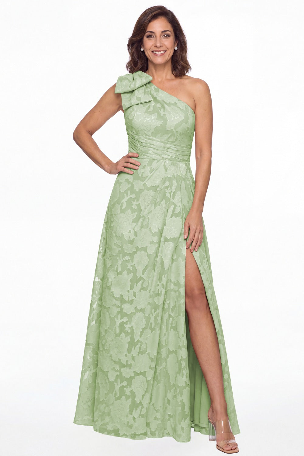 Sage Green One Shoulder Bow Floral Burnout A-Line Maxi Gown - Front View
