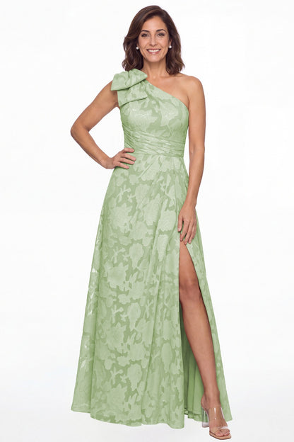 Sage Green One Shoulder Bow Floral Burnout A-Line Maxi Gown - Front View