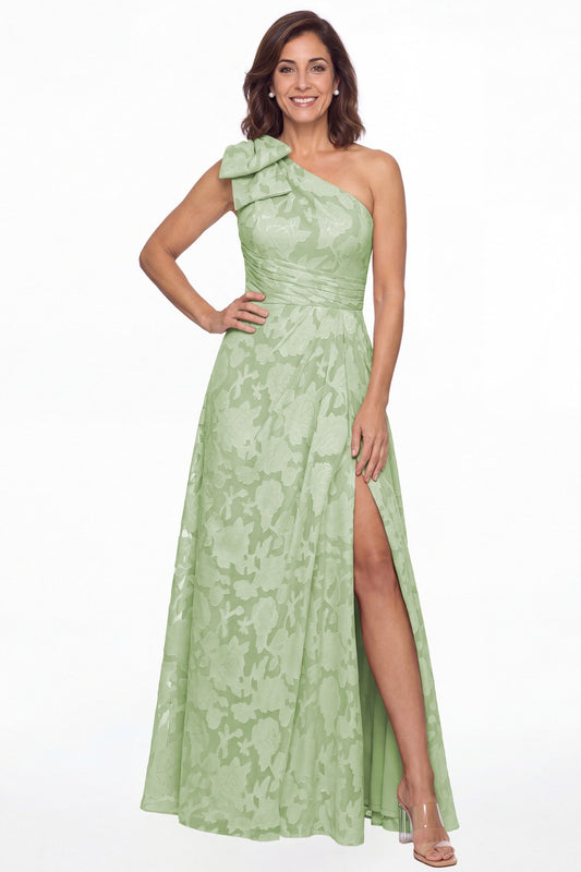 Sage Green One Shoulder Bow Floral Burnout A-Line Maxi Gown - Front View