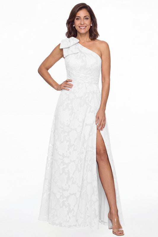 White One Shoulder Bow Floral Burnout A-Line Maxi Gown - Front View
