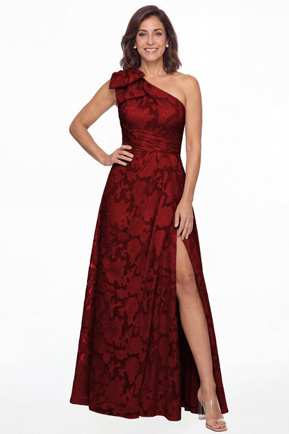 Wine Red One Shoulder Bow Floral Burnout A-Line Maxi Gown - Front View