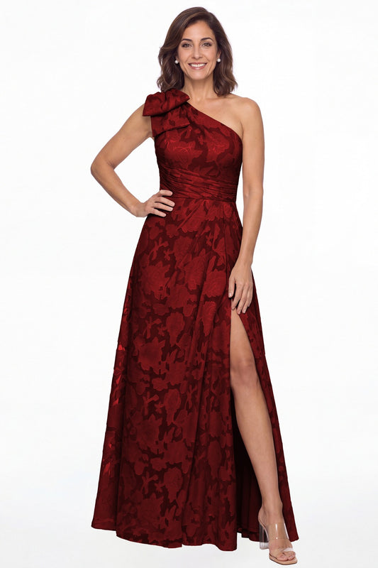 Wine Red One Shoulder Bow Floral Burnout A-Line Maxi Gown - Front View