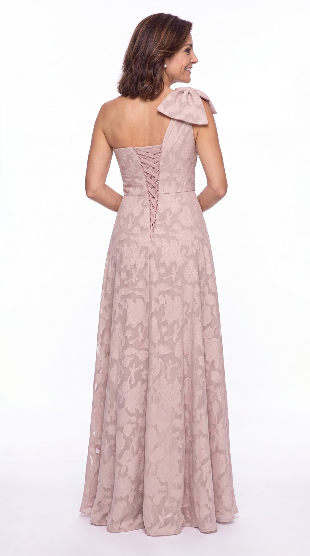 Black One Shoulder Bow Floral Burnout A-Line Maxi Gown - Front View