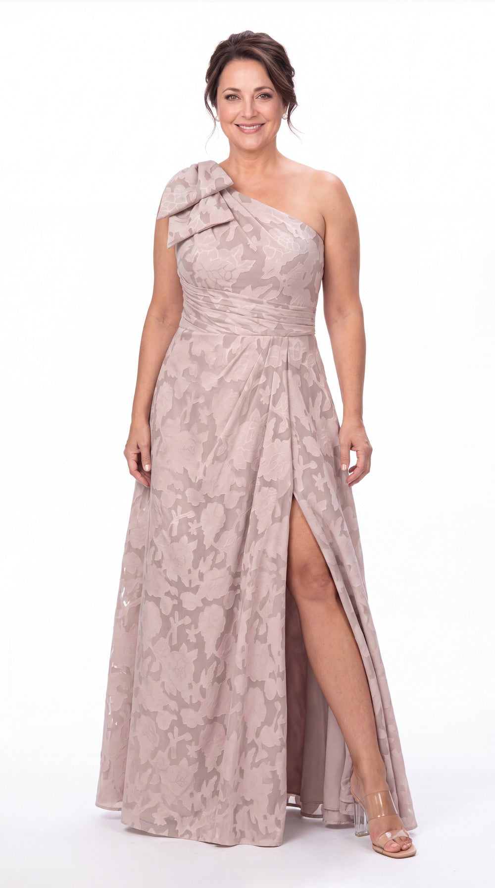 One Shoulder Bow Floral Burnout A-Line Maxi Gown - Detail View 2