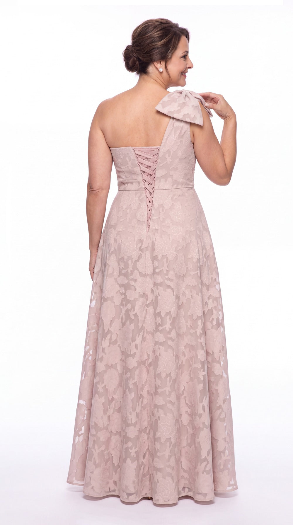 One Shoulder Bow Floral Burnout A-Line Maxi Gown - Detail View 4