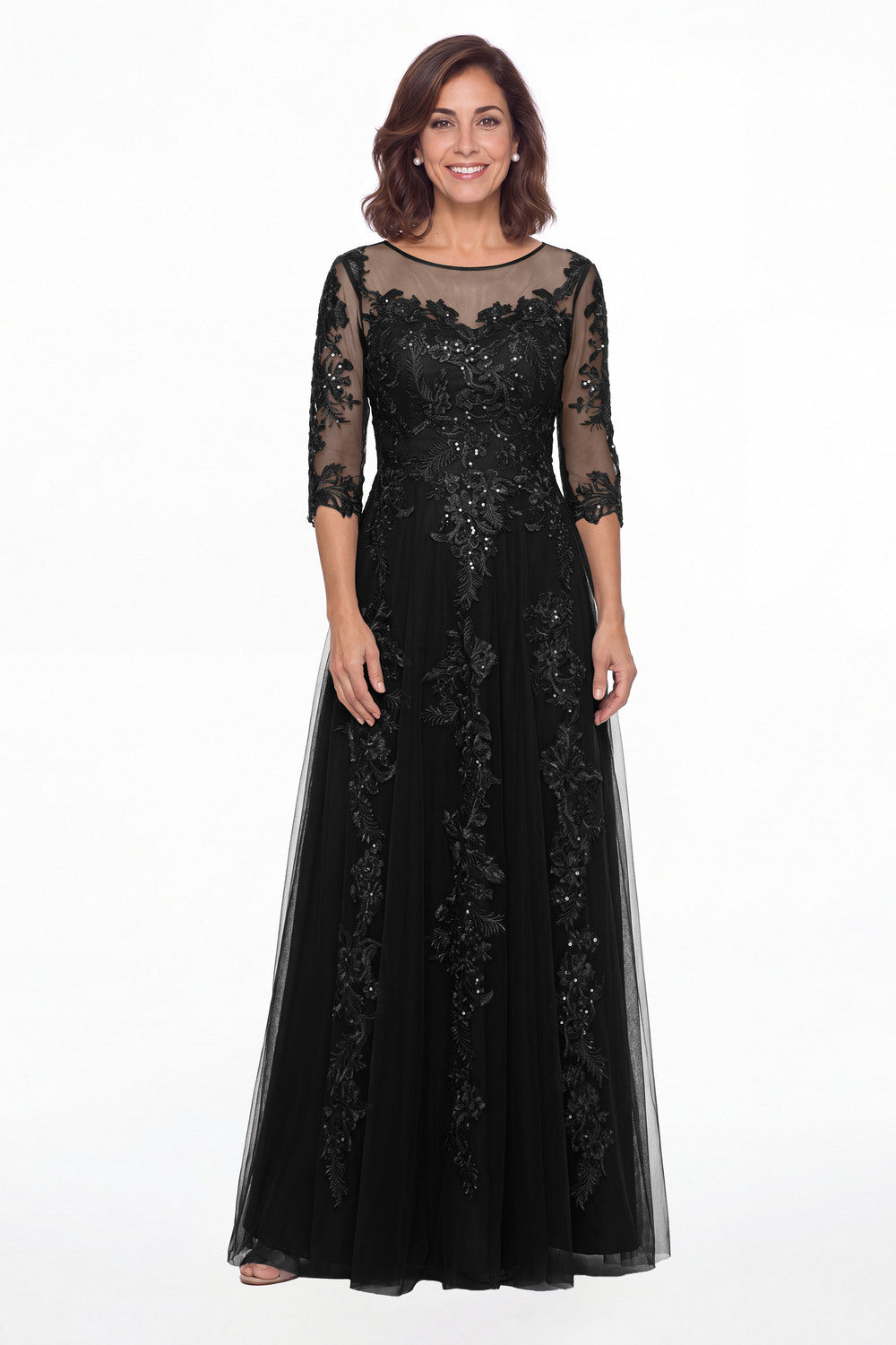 Black Illusion Bateau Neck Lace Applique A-Line Maxi Gown - Front View