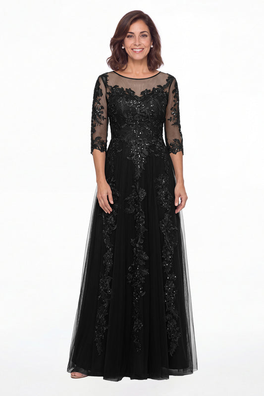 Black Illusion Bateau Neck Lace Applique A-Line Maxi Gown - Front View