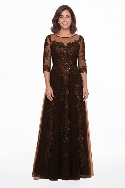 Brown Illusion Bateau Neck Lace Applique A-Line Maxi Gown - Front View