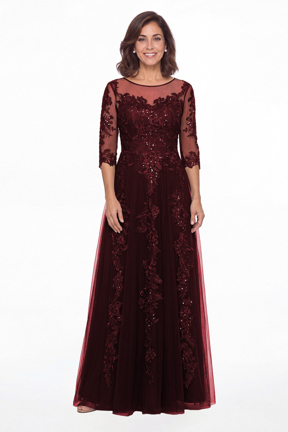 Burgundy Illusion Bateau Neck Lace Applique A-Line Maxi Gown - Front View