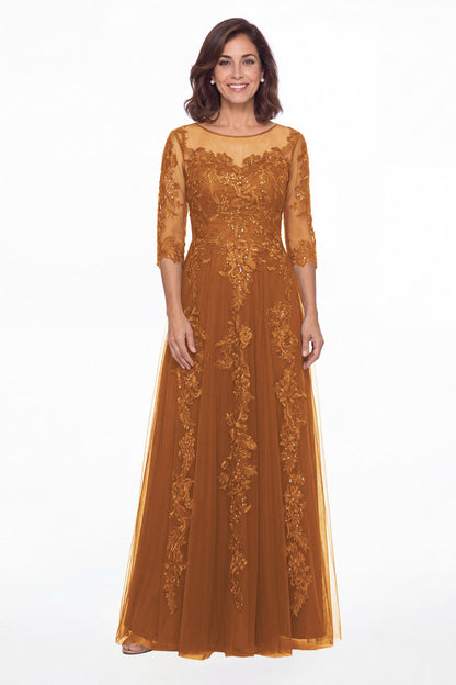 Burnt Orange Illusion Bateau Neck Lace Applique A-Line Maxi Gown - Front View