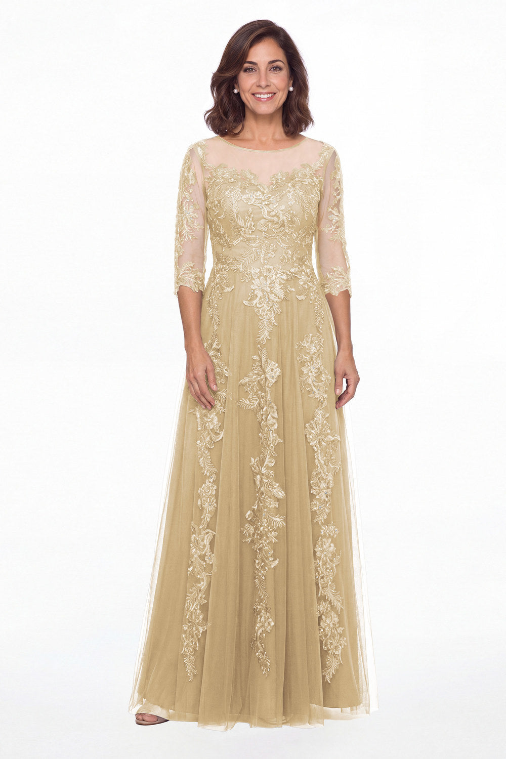 Champagne Illusion Bateau Neck Lace Applique A-Line Maxi Gown - Front View