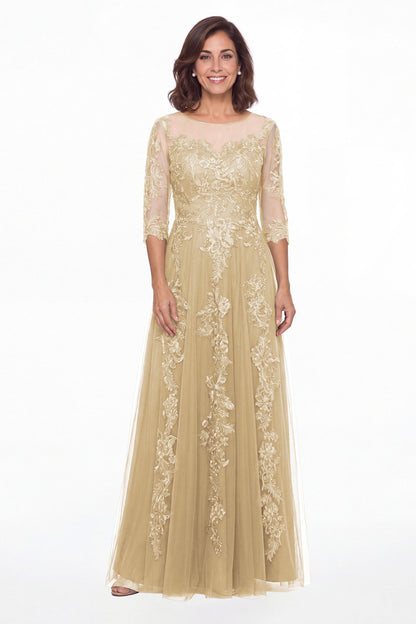 Champagne Illusion Bateau Neck Lace Applique A-Line Maxi Gown - Front View
