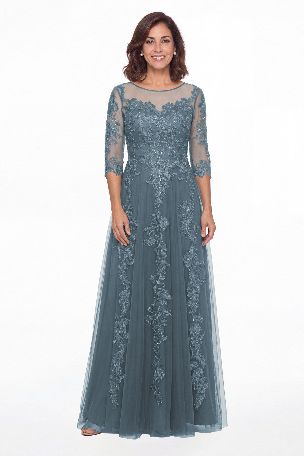 Dusty Blue Illusion Bateau Neck Lace Applique A-Line Maxi Gown - Front View