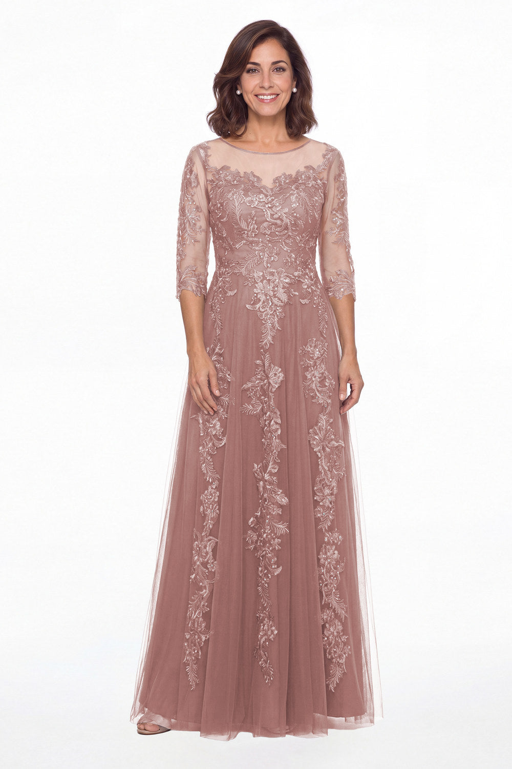 Dusty Rose Illusion Bateau Neck Lace Applique A-Line Maxi Gown - Front View
