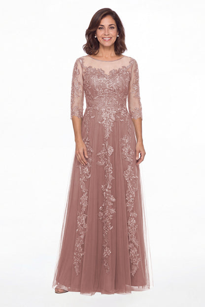 Dusty Rose Illusion Bateau Neck Lace Applique A-Line Maxi Gown - Front View