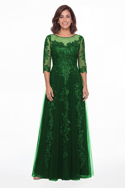 Emerald Green Illusion Bateau Neck Lace Applique A-Line Maxi Gown - Front View