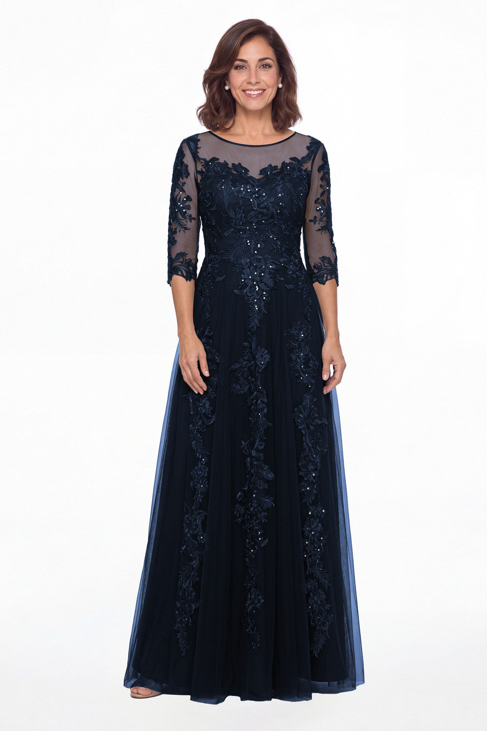 Navy Blue Illusion Bateau Neck Lace Applique A-Line Maxi Gown - Front View
