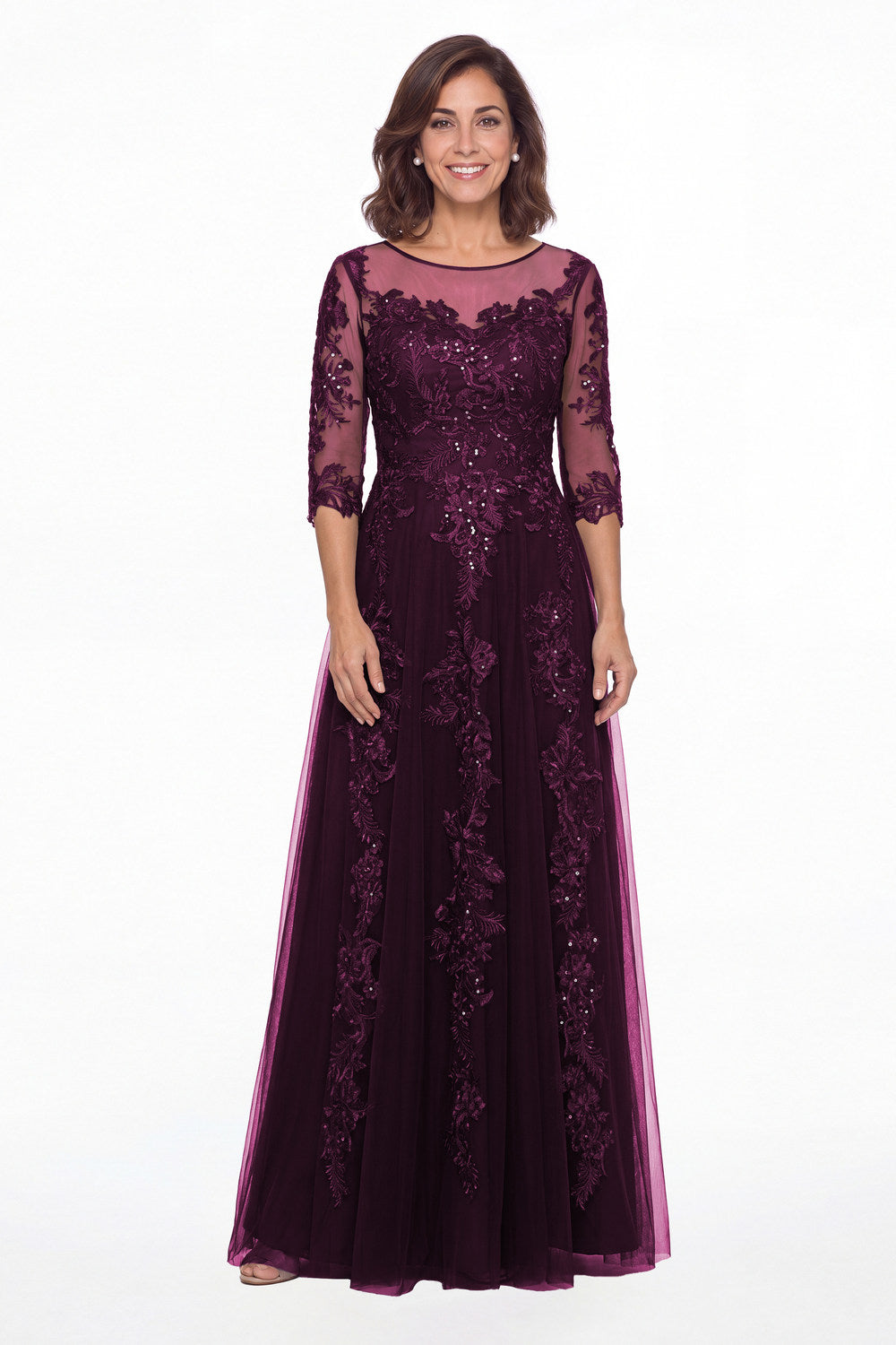 Plum Illusion Bateau Neck Lace Applique A-Line Maxi Gown - Front View