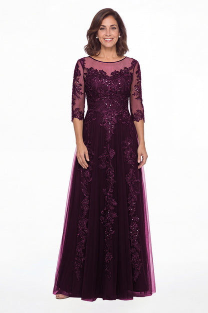 Plum Illusion Bateau Neck Lace Applique A-Line Maxi Gown - Front View