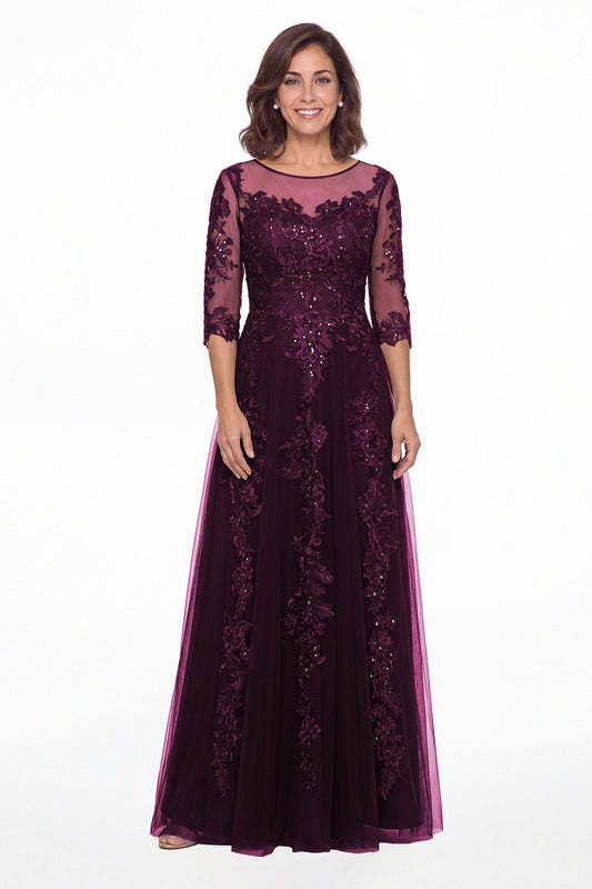 Plum Illusion Bateau Neck Lace Applique A-Line Maxi Gown - Front View