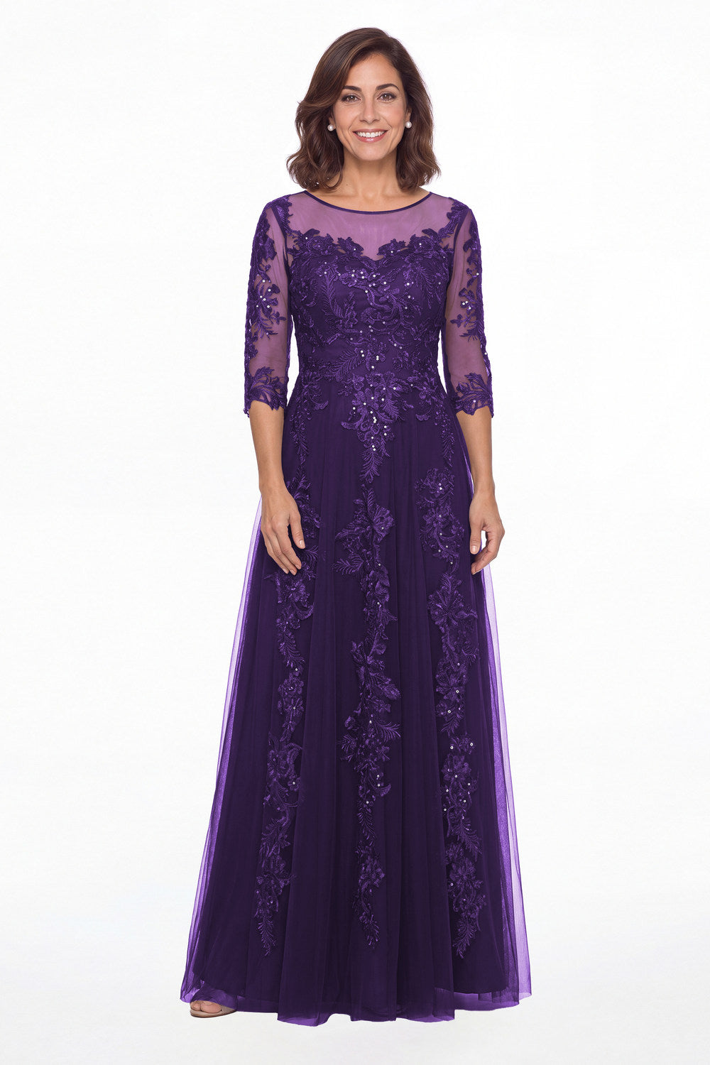 Purple Illusion Bateau Neck Lace Applique A-Line Maxi Gown - Front View