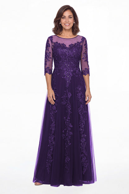 Purple Illusion Bateau Neck Lace Applique A-Line Maxi Gown - Front View