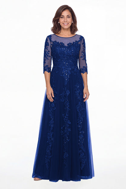 Royal Blue Illusion Bateau Neck Lace Applique A-Line Maxi Gown - Front View
