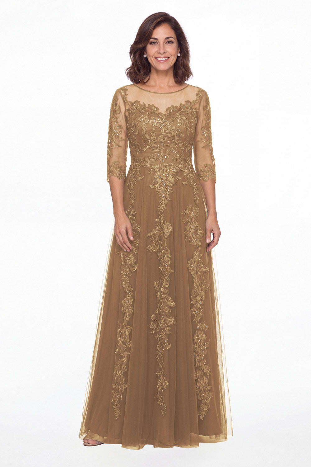 Taupe Illusion Bateau Neck Lace Applique A-Line Maxi Gown - Front View
