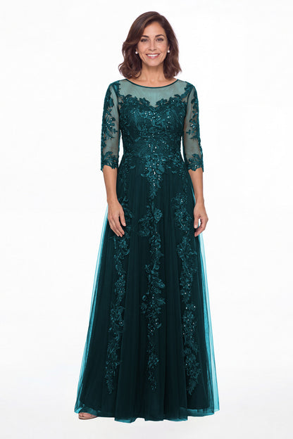 Teal Illusion Bateau Neck Lace Applique A-Line Maxi Gown - Front View
