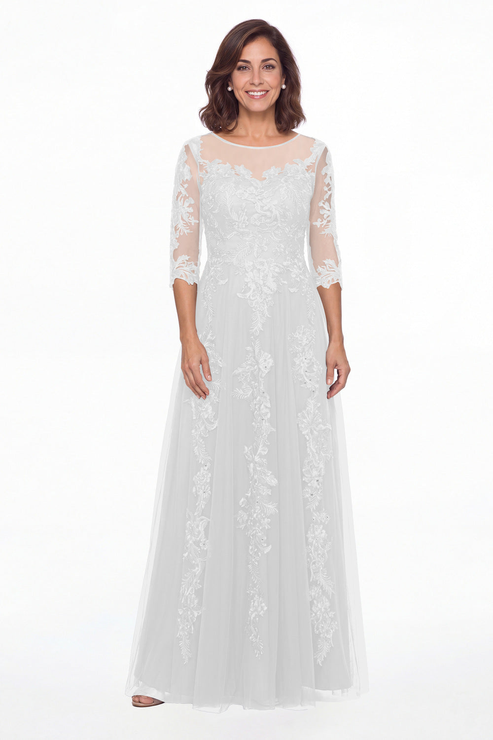 White Illusion Bateau Neck Lace Applique A-Line Maxi Gown - Front View