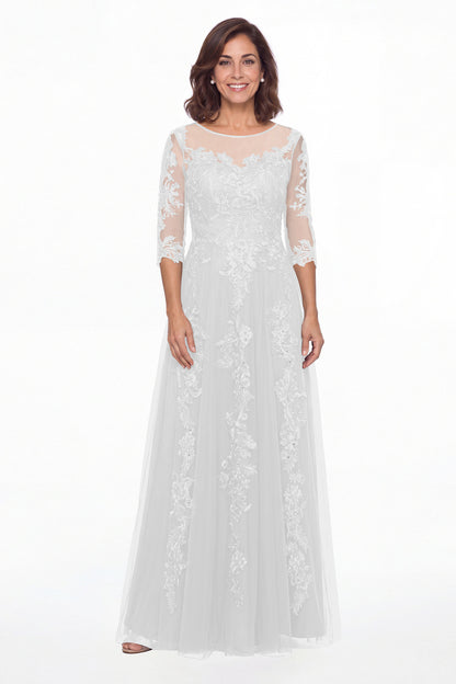 White Illusion Bateau Neck Lace Applique A-Line Maxi Gown - Front View