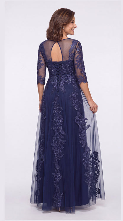 Black Illusion Bateau Neck Lace Applique A-Line Maxi Gown - Front View