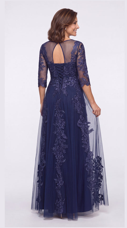 Black Illusion Bateau Neck Lace Applique A-Line Maxi Gown - Front View