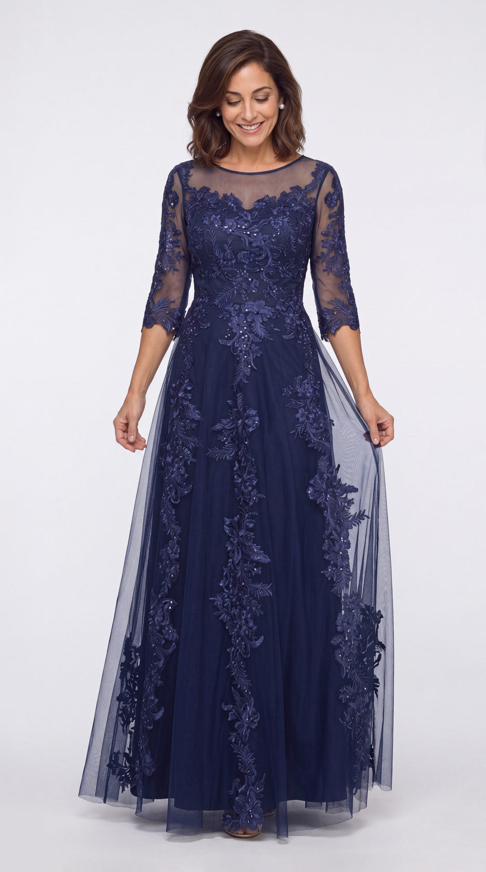Illusion Bateau Neck Lace Applique A-Line Maxi Gown - Detail View 1