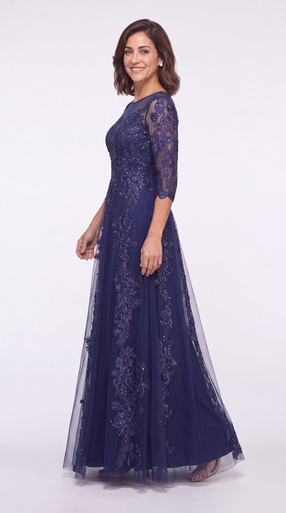 Illusion Bateau Neck Lace Applique A-Line Maxi Gown - Detail View 2